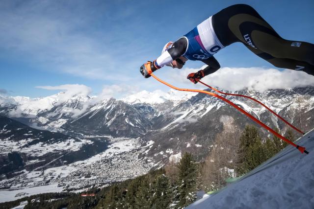 Finland's Elian Lehto takes the start of the second official training for the men's downhill alpine skiing event ahead of the Milano Cortina 2026 Winter Olympic Games at the Stelvio Ski Centre in Bormio (Valtellina) on February 5, 2026. (Photo by Fabrice COFFRINI / AFP)