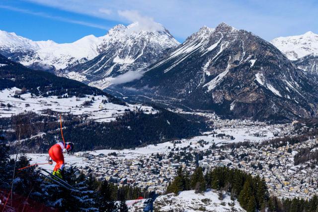 Switzerland's Stefan Rogentin takes part in  the second official training for the men's downhill alpine skiing event ahead of the Milano Cortina 2026 Winter Olympic Games at the Stelvio Ski Centre in Bormio (Valtellina) on February 5, 2026. (Photo by Dimitar DILKOFF / AFP)