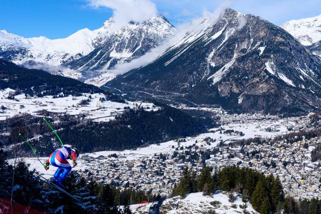 France's Nils Allegre takes part in the second official training for the men's downhill alpine skiing event ahead of the Milano Cortina 2026 Winter Olympic Games at the Stelvio Ski Centre in Bormio (Valtellina) on February 5, 2026. (Photo by Dimitar DILKOFF / AFP)