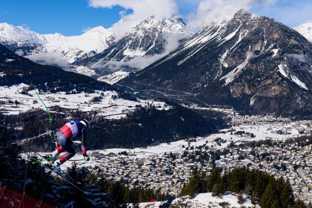Austria's Vincent Kriechmayr takes part in the second official training for the men's downhill alpine skiing event ahead of the Milano Cortina 2026 Winter Olympic Games at the Stelvio Ski Centre in Bormio (Valtellina) on February 5, 2026. (Photo by Dimitar DILKOFF / AFP)