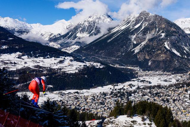 Switzerland's Alexis Monney takes part in the second official training for the men's downhill alpine skiing event ahead of the Milano Cortina 2026 Winter Olympic Games at the Stelvio Ski Centre in Bormio (Valtellina) on February 5, 2026. (Photo by Dimitar DILKOFF / AFP)