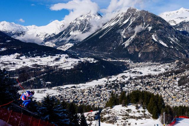 France's Maxence Muzaton takes part in the second official training for the men's downhill alpine skiing event ahead of the Milano Cortina 2026 Winter Olympic Games at the Stelvio Ski Centre in Bormio (Valtellina) on February 5, 2026. (Photo by Dimitar DILKOFF / AFP)