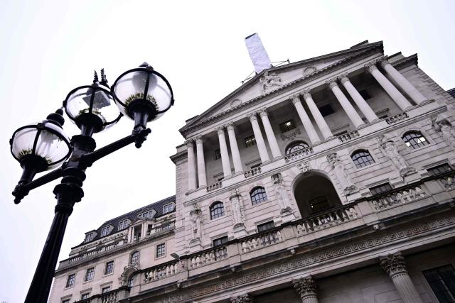 This general view shows the Bank of England in central London on February 5, 2026. The Bank of England on February 5 cut its forecasts for UK growth this year and next, as it left its benchmark interest rate at 3.75 percent. (Photo by Ben STANSALL / AFP)