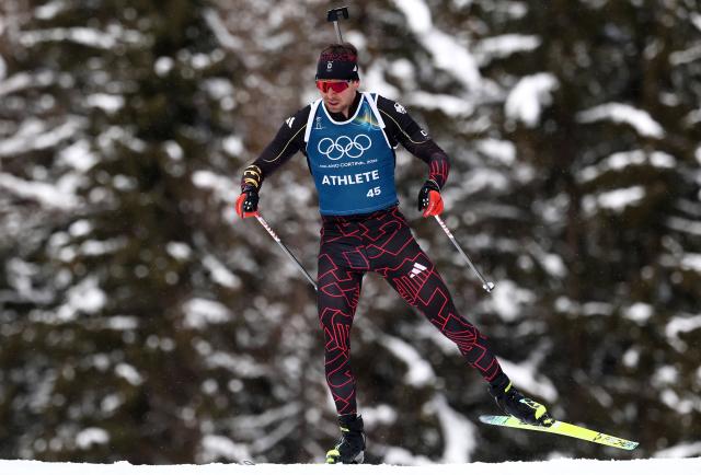 Germany's Philipp Nawrath takes part a training session at the biathlon venue prior to the Milano Cortina 2026 Winter Olympic Games in Antholz, northern Italy, on February 5, 2026. (Photo by FRANCK FIFE / AFP)