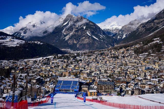 This photograph taken on February 5, 2026,  shows the main tribune in the finish area of the Stelvio Alpine Skiing Centre, hosting to the men's Alpine skiing events of the Milano Cortina 2026 Winter Olympic Games in Bormio (Valtellina) on February 5, 2026. (Photo by DIMITAR DILKOFF / AFP)