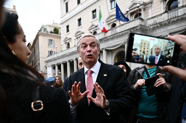 Chile's President-elect Jose Antonio Kast gestures after meeting with the Italian Prime Minister at Palazzo Chigi, in Rome on Febuary 5, 2026. (Photo by Filippo MONTEFORTE / AFP)