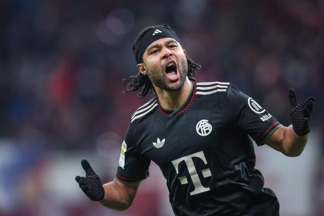 (FILES) Bayern Munich's German forward #07 Serge Gnabry celebrates after scoring the 1-1 goal during the German first division Bundesliga football match between RB Leipzig and FC Bayern Munich in Leipzig, eastern Germany, on January 17, 2026. Germany forward Serge Gnabry has extended his contract at Bayern Munich by two years until 2028, the club announced Thursday. (Photo by Ronny HARTMANN / AFP)