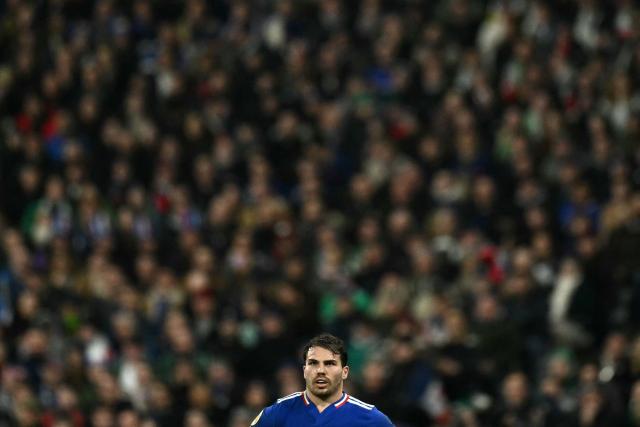 France's scrum-half Antoine Dupont looks on during the Six Nations international rugby union match between France and Ireland at the Stade de France in Saint-Denis, Paris' suburb, on February 5, 2026. (Photo by Julie SEBADELHA / AFP)