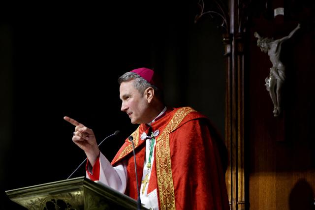 Archibishop-designate Ronald Hicks speaks during Solemn Vespers evening prayer service, ahead of his installation as New York Archbishop at St. Patrick's Cathedral in New York on February 5, 2026. In a significant shift for the US Catholic Church, Pope Leo XIV replaced Timothy Dolan, who stepped down after reaching the church's retirement age of 75, with Hicks, a 58-year-old bishop from Illinois. (Photo by Leonardo Munoz / AFP)