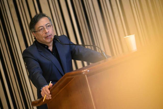 Colombian President Gustavo Petro speaks during a meeting with members of the Colombian diaspora at the Martin Luther King Jr. Memorial Library in Washington, DC, on February 5, 2026. (Photo by Oliver Contreras / AFP)