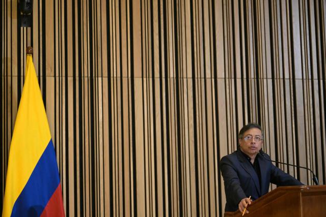 Colombian President Gustavo Petro speaks during a meeting with members of the Colombian diaspora at the Martin Luther King Jr. Memorial Library in Washington, DC, on February 5, 2026. (Photo by Oliver Contreras / AFP)