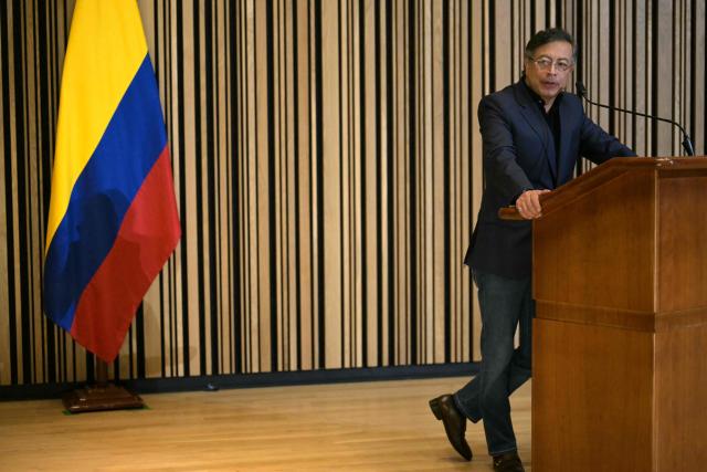 Colombian President Gustavo Petro speaks during a meeting with members of the Colombian diaspora at the Martin Luther King Jr. Memorial Library in Washington, DC, on February 5, 2026. (Photo by Oliver Contreras / AFP)