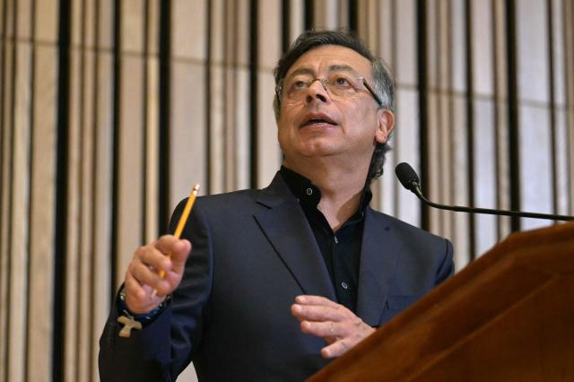 Colombian President Gustavo Petro speaks during a meeting with members of the Colombian diaspora at the Martin Luther King Jr. Memorial Library in Washington, DC, on February 5, 2026. (Photo by Oliver Contreras / AFP)