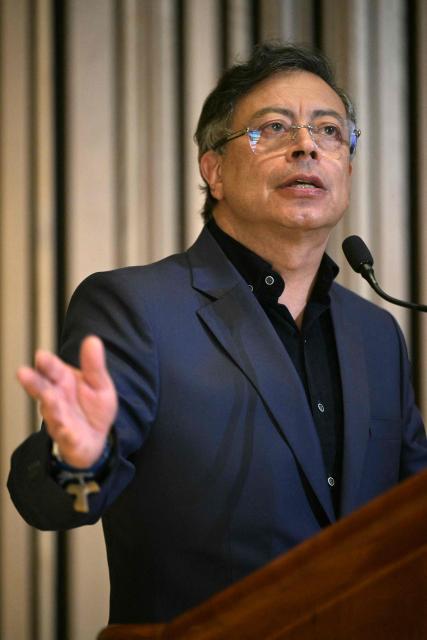 Colombian President Gustavo Petro speaks during a meeting with members of the Colombian diaspora at the Martin Luther King Jr. Memorial Library in Washington, DC, on February 5, 2026. (Photo by Oliver Contreras / AFP)