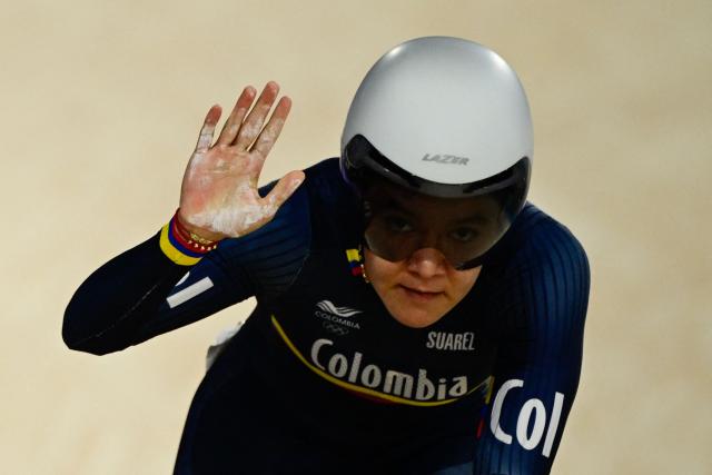 (FILES) Colombia's Martha Bayona Pineda reacts in the  women's track cycling sprint 1/32 final of the Paris 2024 Olympic Games at the Saint-Quentin-en-Yvelines National Velodrome in Montigny-le-Bretonneux, south-west of Paris, on August 9, 2024. The International Cycling Union (UCI) announced on February 5, 2026, the 18-month suspension of Colombian Olympic cyclist Martha Bayona due to breaches in the whereabouts system for anti-doping controls. (Photo by John MACDOUGALL / AFP)