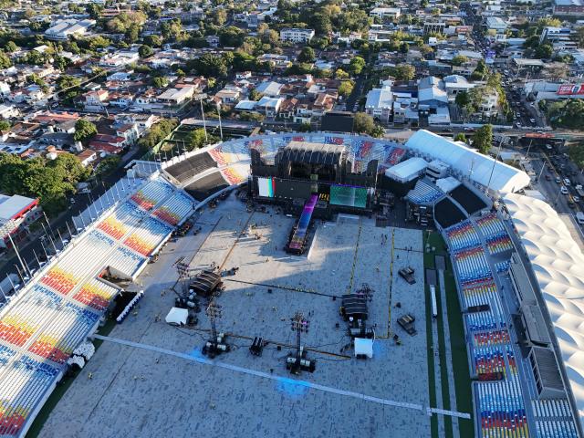 This aerial view shows the stage set up inside the Jorge "El Magico" Gonzalez Stadium ahead of her worldwide 'Las Mujeres ya no Lloran' tour in San Salvador on February 5, 2026. (Photo by Marvin RECINOS / AFP)