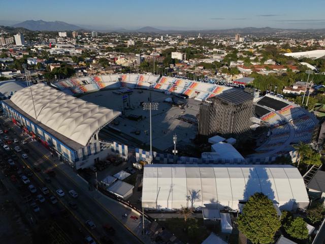 This aerial view shows the stage set up inside the Jorge "El Magico" Gonzalez Stadium ahead of her worldwide 'Las Mujeres ya no Lloran' tour in San Salvador on February 5, 2026. (Photo by Marvin RECINOS / AFP)