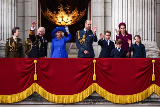 (FILES) (From L to R) Britain's Princess Anne, Princess Royal, Britain's King Charles III, Britain's Queen Camilla, Britain's Prince William, Prince of Wales, Britain's Prince George of Wales, Britain's Prince Louis of Wales, Britain's Catherine, Princess of Wales and Britain's Princess Charlotte of Wales wave to crowds from Buckingham Palace balcony after attending the armed forces procession on May 5, 2025 to celebrate the 80th anniversary of VE Day also known as Victory in Europe Day, marking the end of the Second World War in Europe. The scandal surrounding disgraced former prince Andrew has thrust the British royal family and its opaque finances into the spotlight, with a parliamentary probe due in the coming months. It marks a significant shift towards greater scrutiny and transparency of royal matters after decades of deference to the centuries-old monarchy. (Photo by HENRY NICHOLLS / AFP)