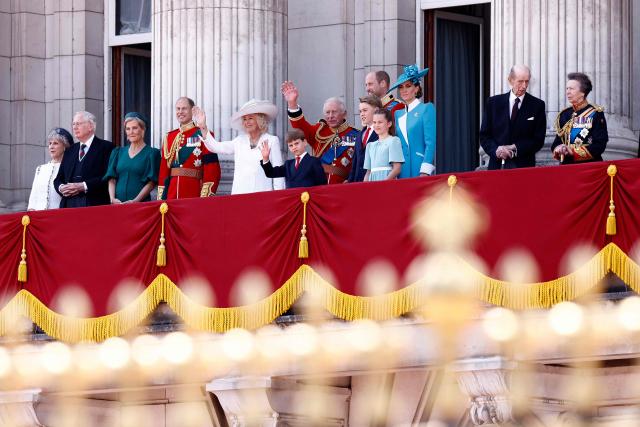 (FILES) (L-R) Britain's Birgitte, Duchess of Gloucester, Britain's Prince Richard, Duke of Gloucester, Britain's Sophie, Duchess of Edinburgh, Britain's Prince Edward, Duke of Edinburgh, Britain's Queen Camilla, Britain's Prince Louis of Wales, Britain's King Charles III, Britain's Prince George of Wales, Britain's Prince William, Prince of Wales, Britain's Princess Charlotte of Wales, Britain's Catherine, Princess of Wales, Britain's Prince Edward, Duke of Kent, and Britain's Princess Anne, Princess Royal, pose on the balcony of Buckingham Palace after attending the King's Birthday Parade "Trooping the Colour" in London on June 14, 2025. The scandal surrounding disgraced former prince Andrew has thrust the British royal family and its opaque finances into the spotlight, with a parliamentary probe due in the coming months. It marks a significant shift towards greater scrutiny and transparency of royal matters after decades of deference to the centuries-old monarchy. (Photo by BENJAMIN CREMEL / AFP)