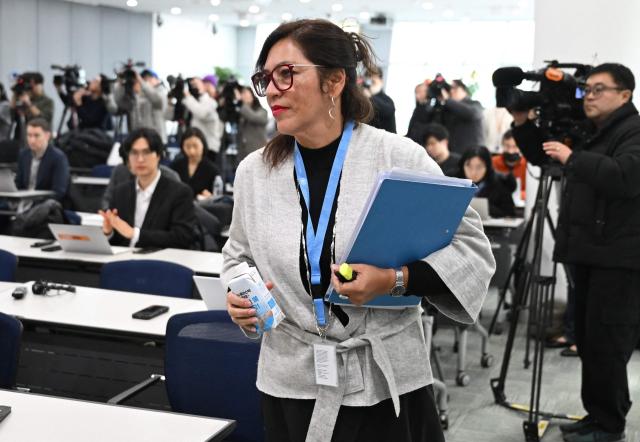 UN Special Rapporteur on the situation of human rights in North Korea, Elizabeth Salmon, arrives to attend a press conference wrapping up her visit to South Korea in Seoul on February 6, 2026. (Photo by Jung Yeon-je / AFP)
