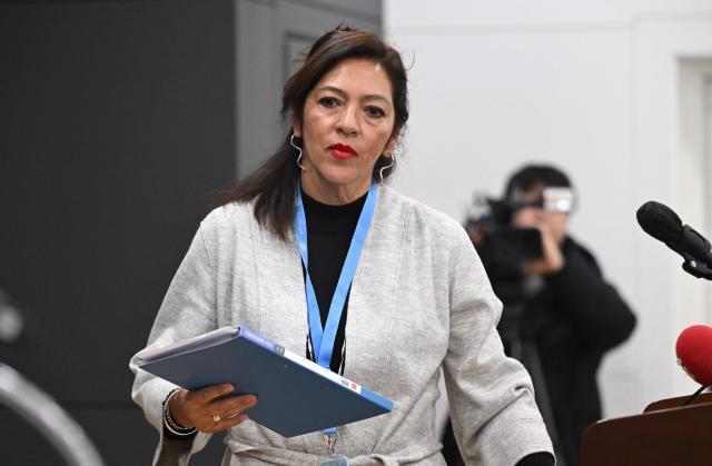 UN Special Rapporteur on the situation of human rights in North Korea, Elizabeth Salmon, arrives to attend a press conference wrapping up her visit to South Korea in Seoul on February 6, 2026. (Photo by Jung Yeon-je / AFP)