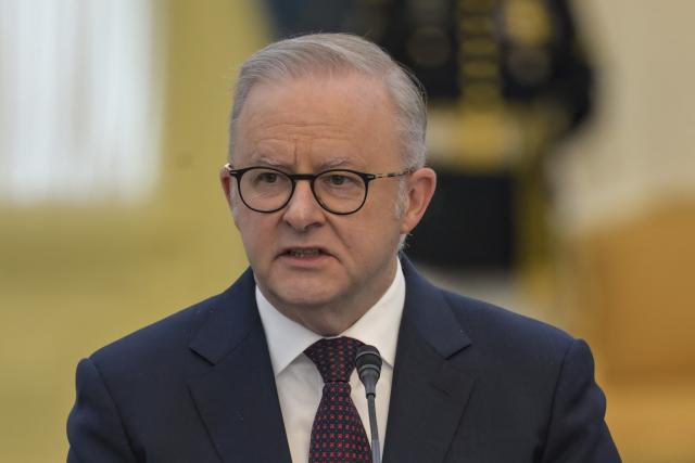Australian Prime Minister Anthony Albanese delivers a statement following a meeting with Indonesian President Prabowo Subianto at the Merdeka Palace in Jakarta on February 6, 2026. (Photo by BAY ISMOYO / AFP)