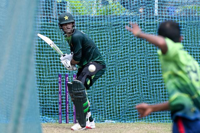 Pakistan's Naseem Shah attends a practice session on the eve of ICC Men's T20 World Cup match against Netherlands, at the Sinhalese Sports Club Ground in Colombo on February 6, 2026. (Photo by Ishara S. KODIKARA / AFP)