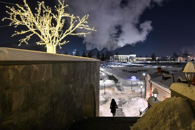 A woman walks at the Zaryadye park in central Moscow on February 5, 2026. (Photo by Hector RETAMAL / AFP)