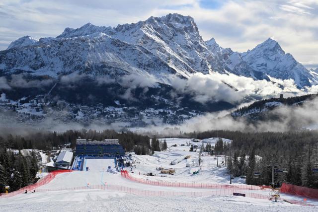 This photograph taken on February 6, 2026 shows a general view of the slope and finish line arrival area before the second official training for the women's downhill event ahead of the Milano Cortina 2026 Winter Olympic Games at the Tofane Alpine Skiing Centre in Cortina d’Ampezzo. (Photo by Franзois-Xavier MARIT / AFP)