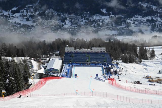 This photograph taken on February 6, 2026 shows a general view of the slope and finish line arrival area before the second official training for the women's downhill event ahead of the Milano Cortina 2026 Winter Olympic Games at the Tofane Alpine Skiing Centre in Cortina d’Ampezzo. (Photo by Franзois-Xavier MARIT / AFP)