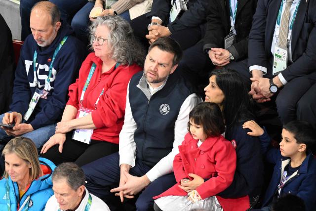 US Vice President JD Vance (C), Second Lady Usha Vance (2R) and their children attend the figure skating team event ice dance-rhythm dance during the Milano Cortina 2026 Winter Olympic Games at Milano Ice Skating Arena in Milan on February 6, 2026. (Photo by Antonin THUILLIER / AFP)