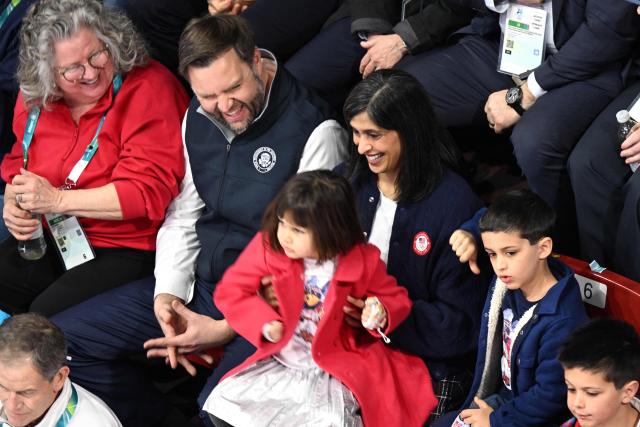 US Vice President JD Vance (2L), Second Lady Usha Vance (3R) and their children Ewan, Vivek and Mirabel attend the figure skating team event ice dance-rhythm dance during the Milano Cortina 2026 Winter Olympic Games at Milano Ice Skating Arena in Milan on February 6, 2026. (Photo by Antonin THUILLIER / AFP)