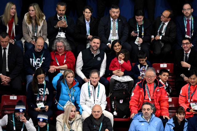 US Vice President JD Vance (C), Second Lady Usha Vance (center R) and their children Ewan, Vivek and Mirabel attend the figure skating team event ice dance-rhythm dance during the Milano Cortina 2026 Winter Olympic Games at Milano Ice Skating Arena in Milan on February 6, 2026. (Photo by Antonin THUILLIER / AFP)