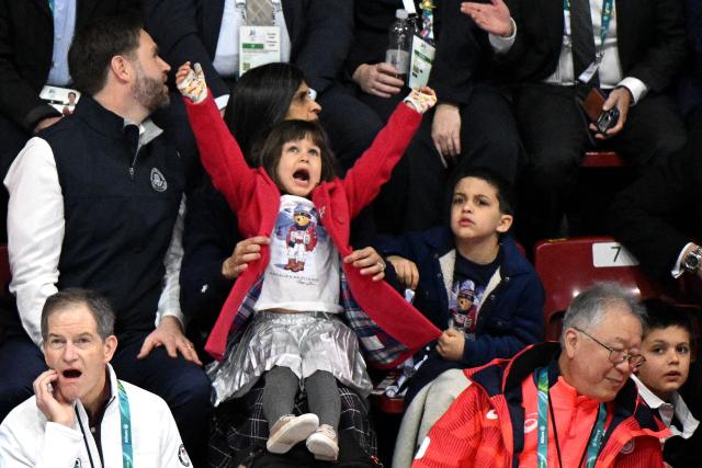 US Vice President JD Vance (L), Second Lady Usha Vance (C) and their children Ewan, Vivek and Mirabel attend the figure skating team event ice dance-rhythm dance during the Milano Cortina 2026 Winter Olympic Games at Milano Ice Skating Arena in Milan on February 6, 2026. (Photo by Antonin THUILLIER / AFP)