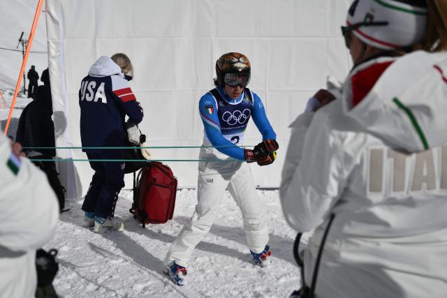 Italy's Federica Brignone prepares for the second official training for the women's downhill event ahead of the Milano Cortina 2026 Winter Olympic Games at the Tofane Alpine Skiing Centre in Cortina d’Ampezzo on February 6, 2026. (Photo by Marco BERTORELLO / AFP)