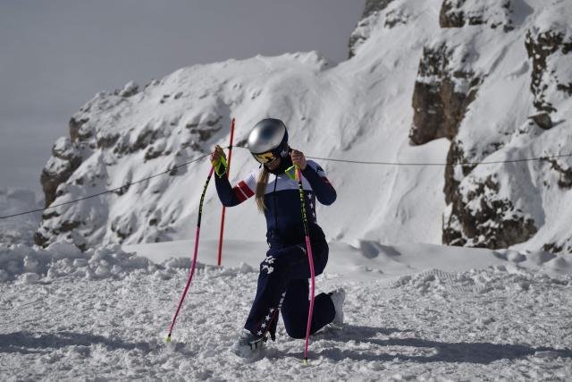 USA's Lindsey Vonn prepares for the second official training for the women's downhill event ahead of the Milano Cortina 2026 Winter Olympic Games at the Tofane Alpine Skiing Centre in Cortina d’Ampezzo on February 6, 2026. (Photo by Marco BERTORELLO / AFP)