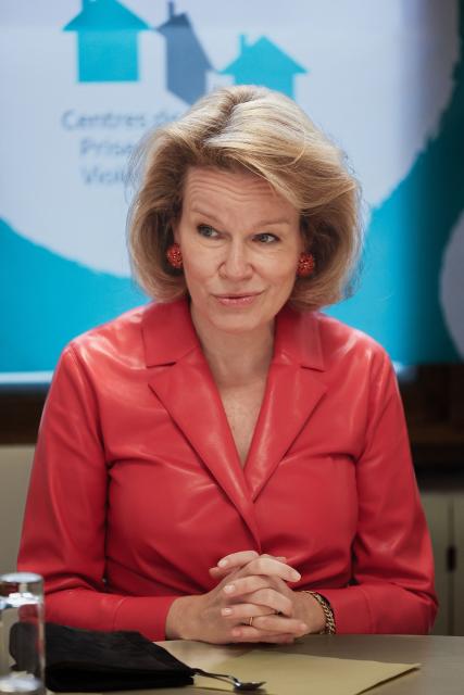 Queen Mathilde of Belgium takes part in a meeting during her visit to the Sexual Violence Care Centre (CPVS) in Lodelinsart on February 6, 2026. (Photo by BRUNO FAHY / Belga / AFP) / Belgium OUT