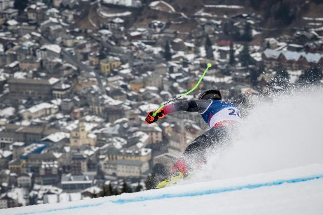 Austria's Daniel Hemetsberger takes part in  the third official training for the men's alpine skiing event ahead of the Milano Cortina 2026 Winter Olympic Games at the Stelvio Ski Centre in Bormio (Valtellina) on February 6, 2026. (Photo by Fabrice COFFRINI / AFP)