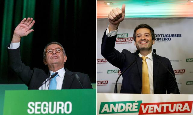 (COMBO) This combination of pictures created on February 6, 2026 shows Portugal's Socialist Party (PS) presidential candidate Antonio Jose Seguro (L) waving during a rally with supporters in Lisbon on January 16, 2026 and the leader of Chega (Enough) party, far-right candidate Andre Ventura, celebrating on the night of Portugal's presidential election first round in Lisbon on January 18, 2026. Portugal on February 6, 2026 ended campaigning for a presidential election this weekend amidst a battering by storms and fretting about the political whirlwind created by outspoken far-right leader Andre Ventura. (Photo by Patricia DE MELO MOREIRA and FILIPE AMORIM / AFP)
