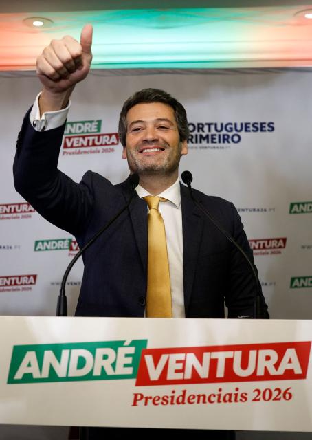 (FILES) The leader of Chega (Enough) party, far-right candidate Andre Ventura, celebrates on the night of Portugal's presidential election first round in Lisbon on January 18, 2026. Portugal on February 6, 2026 ended campaigning for a presidential election this weekend amidst a battering by storms and fretting about the political whirlwind created by outspoken far-right leader Andre Ventura. (Photo by FILIPE AMORIM / AFP)