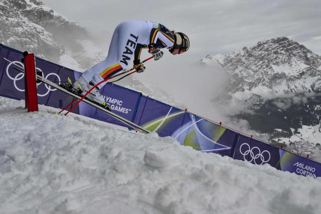 Germany's Emma Aicher takes the start in the second official training for the women's downhill event ahead of the Milano Cortina 2026 Winter Olympic Games at the Tofane Alpine Skiing Centre in Cortina d’Ampezzo on February 6, 2026. (Photo by Marco BERTORELLO / AFP)