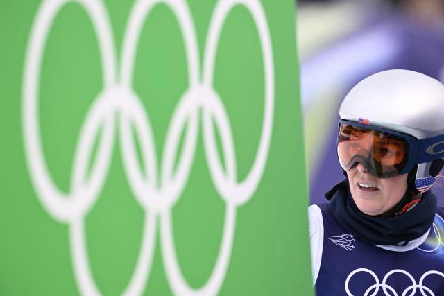 USA's Lindsey Vonn reacts after taking part in the second official training for the women's downhill event ahead of the Milano Cortina 2026 Winter Olympic Games at the Tofane Alpine Skiing Centre in Cortina d’Ampezzo on February 6, 2026. (Photo by Tiziana FABI / AFP)