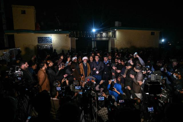 Pakistan's Minister of State for Interior and Narcotics, Talal Chaudhry (C), speaks with media following a suicide bombing at the Shiite mosque in Islamabad on February 6, 2026. A suicide bombing at a Shiite mosque in Pakistan's capital Islamabad killed at least 31 people on February 6, according to authorities, with a police source saying more than 130 were wounded. (Photo by Farooq NAEEM / AFP)