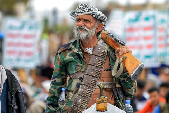 A supporter of Yemen's Huthis looks on during an anti-Israel and pro-Palestinian rally in the Huthi-held capital Sanaa on February 6, 2026. (Photo by Ahmed Mohammed / AFP)