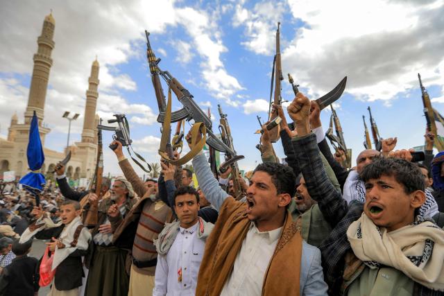 Supporters of Yemen's Huthis chant slogans as they gather for an anti-Israel and pro-Palestinian rally in the Huthi-held capital Sanaa on February 6, 2026. (Photo by Ahmed Mohammed / AFP)