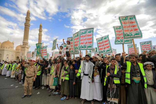 Supporters of Yemen's Huthis chant slogans as they gather for an anti-Israel and pro-Palestinian rally in the Huthi-held capital Sanaa on February 6, 2026. (Photo by Ahmed Mohammed / AFP)