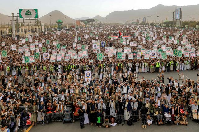Supporters of Yemen's Huthis gather for an anti-Israel and pro-Palestinian rally in the Huthi-held capital Sanaa on February 6, 2026. (Photo by Ahmed Mohammed / AFP)