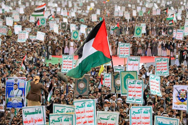 Supporters of Yemen's Huthis gather for an anti-Israel and pro-Palestinian rally in the Huthi-held capital Sanaa on February 6, 2026. (Photo by Ahmed Mohammed / AFP)