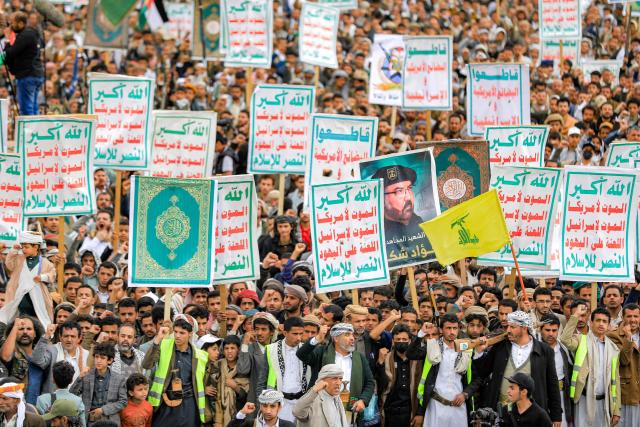 Supporters of Yemen's Huthis gather for an anti-Israel and pro-Palestinian rally in the Huthi-held capital Sanaa on February 6, 2026. (Photo by Ahmed Mohammed / AFP)