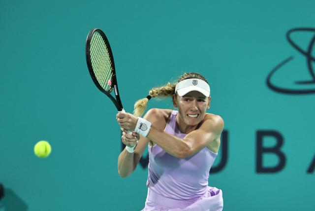 Russia’s Ekaterina Alexandrova hits a return against USA's Hailey Baptiste during their women’s singles semi-final match at the Abu Dhabi Open tennis tournament in Abu Dhabi on February 6, 2026. (Photo by Fadel SENNA / AFP)